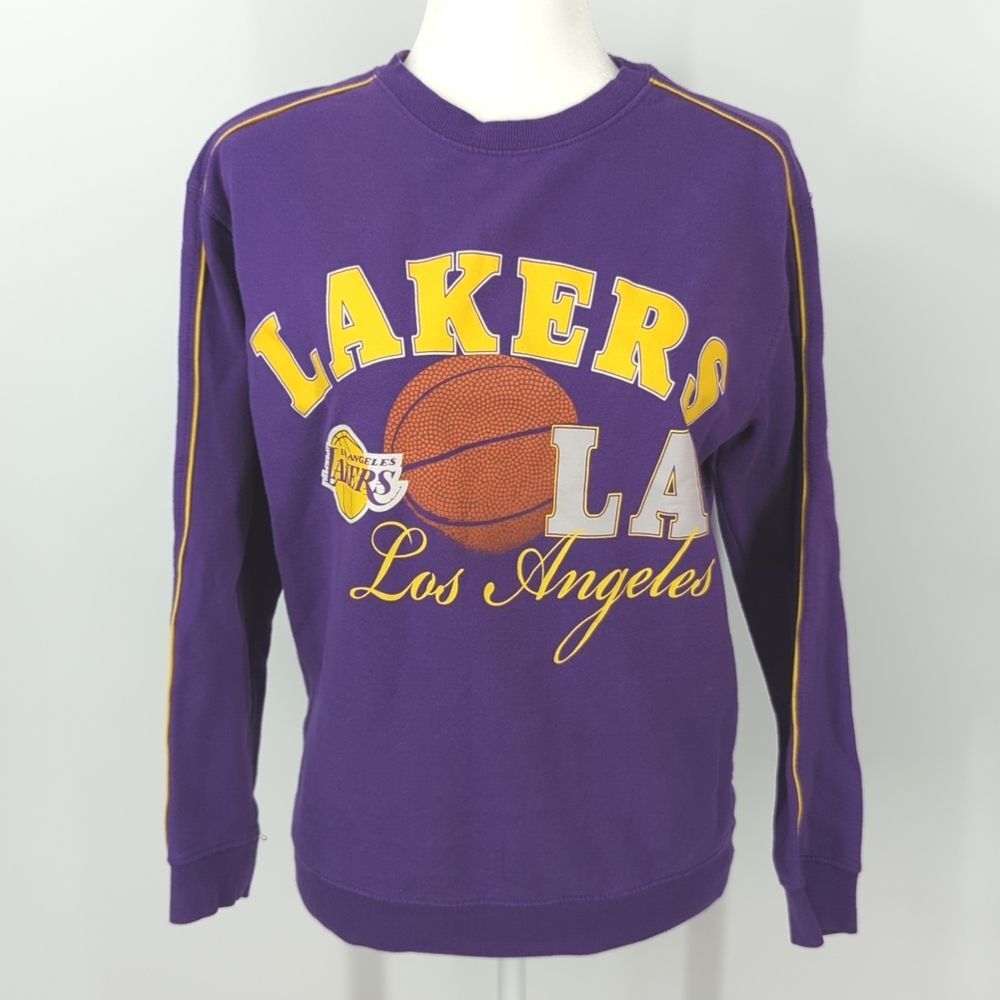 NBA Los Angeles LA Lakers Vintage Style Purple Yellow Crew Pullover Sweater S